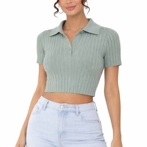 Forever 21 Sage Green Ribbed Polo Crop Top - S - Like New